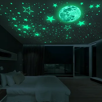 30СМ Луната 435шт звезди гледна зелен светлинен стикер на стената детска стая, таван стълбище тапети флуоресцентни стенописи етикети