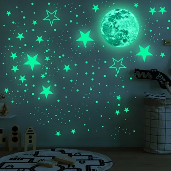 30СМ Луната 435шт звезди гледна зелен светлинен стикер на стената детска стая, таван стълбище тапети флуоресцентни стенописи етикети