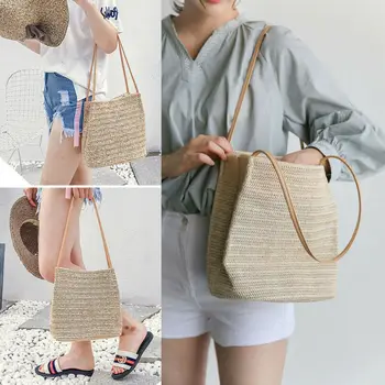 2020 Нова Чанта На Жената Момичета Чешки Ратан Сламена Чанта Тъкани Кофа С Crossbody Чанта Дамска Мода Плаж Лятото Твърди Totess