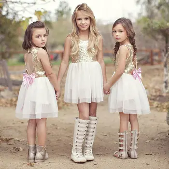 Kids Baby Girls Dress New Fashion Sequined Сърце Без Гръб Bowknot Mesh Мозайка Принцеса Фея Рокля Елегантни Вечерни Рокли