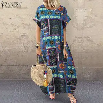 ZANZEA Women Vintage Cotton Linen Dress лятото с къс ръкав цветен принт сарафан случайни бохемски Vestido кафтан плюс размер