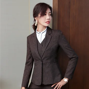 Елегантен кафяв формален дизайн на униформи есен и зима блейзери и якета, палта за дами офис работно облекло дамски блузи облекло