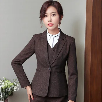 Елегантен кафяв формален дизайн на униформи есен и зима блейзери и якета, палта за дами офис работно облекло дамски блузи облекло