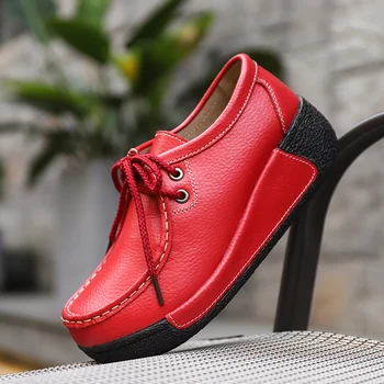 Естествена Кожа На Жената Платформа Маратонки Стягам Апартаменти Черно-Бял Суинг Обувки Дребни Дамски Ежедневни Обувки Височина Се Увеличава