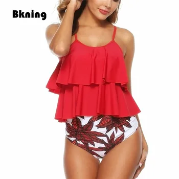 2020 New Sexy Women Bikini Set Mujer Supper Разчорлям Swimwear Red Tankini Printed High Waist Swimming Suit for Woman 2 Piece S - XL