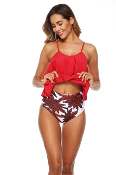 2020 New Sexy Women Bikini Set Mujer Supper Разчорлям Swimwear Red Tankini Printed High Waist Swimming Suit for Woman 2 Piece S - XL