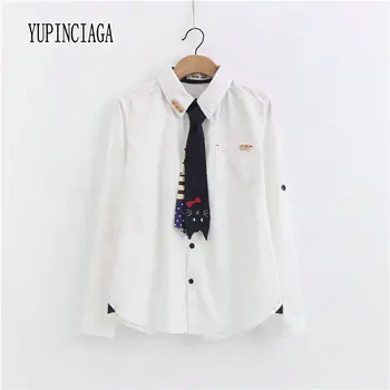 YUPINCIAGA пуговичный яка коте бяла блуза, момиче сладко кавайный котка принт вратовръзка пеперуда училищни униформи чист стил риза с дълъг ръкав