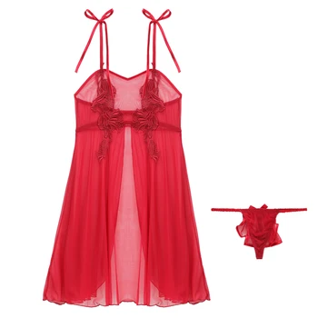 Дантелено цвете вышитое нощно рокля бельо окото с са хранителните пликчета Секси нощница на спагети презрамки спагети за жени червена пижама