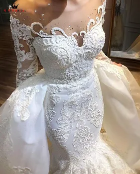 Свалящ пола на русалка с дълъг ръкав тюл, дантела с мъниста Кристал луксозни секси сватбена рокля сватбена рокля по поръчка размер SC01M