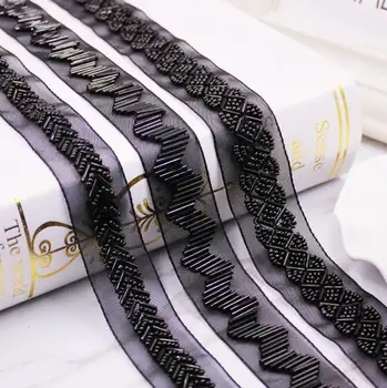 10 ярда във перлени апликации Бисерная лента за шиене на дрехи яка прическа и аксесоари черна мрежа дантелено украса