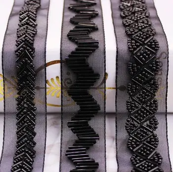10 ярда във перлени апликации Бисерная лента за шиене на дрехи яка прическа и аксесоари черна мрежа дантелено украса