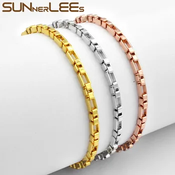 SUNNERLEES Fashion Jewelry White Rose Gold Color Bracelet 3 мм Box Линк Chain For Mens Womens Gift C11 B