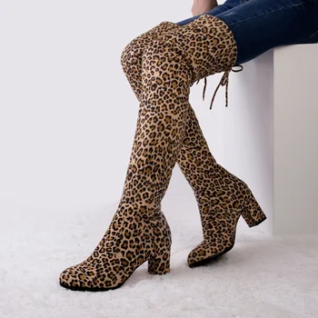 LAKESHI Секси Thigh High Ботуши Over-the-knee Ботуши дамски високи ботуши с дълги ботуши дамски зимни обувки жените леопардовые велур високи токчета