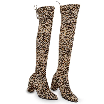 LAKESHI Секси Thigh High Ботуши Over-the-knee Ботуши дамски високи ботуши с дълги ботуши дамски зимни обувки жените леопардовые велур високи токчета