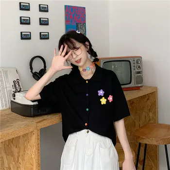 Alien Кити Korea Sweet Vintage Губим Summer Print Цветни Къси Ръкави Fresh All Match Chic Sweet Simple Casual Shirt 4 Цвята