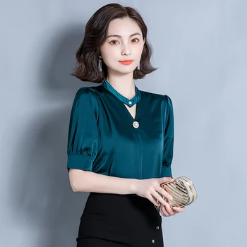 Корейски коприна дамски блузи лято жените сатен блуза, риза елегантни жени твърди блуза OL върховете плюс размер Blusas Mujer De Moda 2020