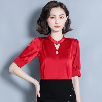 Корейски коприна дамски блузи лято жените сатен блуза, риза елегантни жени твърди блуза OL върховете плюс размер Blusas Mujer De Moda 2020