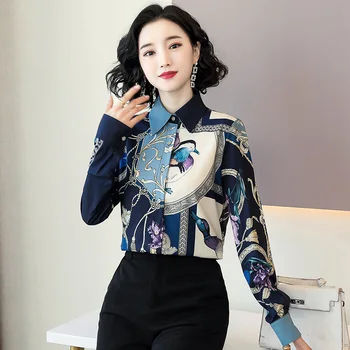Ретро печатни професионални дамски блузи 2020 пролет нова печатна риза с дълги ръкави, свободни