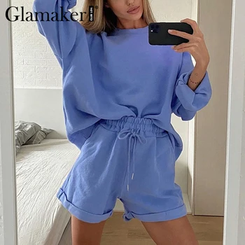 Glamaker Blue long sleeve suit sets women casual two piece top and shorts set 2020 fashion female solid streetwear co рср set