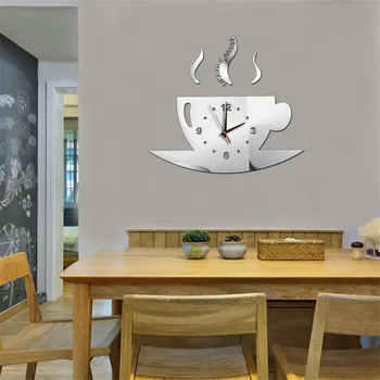 Home decoration3D модерен дизайн огледални стенни часовници кафеена чаша безшумни нови домашни часовници самозалепващи кварцевая стикер кухня заключване