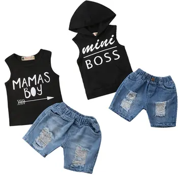 Citgeett Black Newborn Kid Baby Boys Hoodie Върховете Boss Мама тениска жилетка+дънкови къси панталони за лято модерен комплект от 1 до 5 години