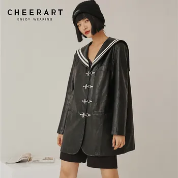 CHEERART реколта черно кожено яке моряк на fortune яка метална пуговица изкуствена кожа палто дизайнерско яке есен 2020 Дамски дрехи