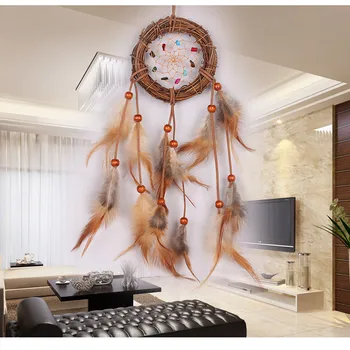 Ръчно изработени творчески ратан кръг ловец на сънища с пера стенна украса на стаята занаяти ретро украшение ловец на сънища