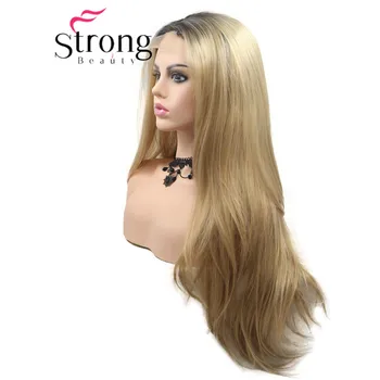 StrongBeauty естествени директни синтетични дантелени предната перуки черното злато блондин топлоустойчива перуки със средната част от перука, Завързана за жени