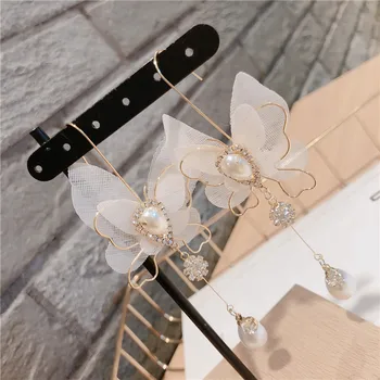 Корейски мода шифон пеперуда виси обеци насекоми кристали и перли дълги обеци Luxulry бижута Сватба обеци за жени