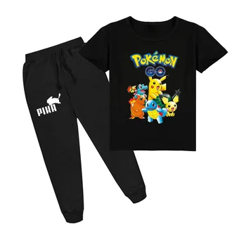 Pokemon лято Детски дрехи костюм карикатура печат сладък Пикачу детска врата с къс ръкав ризи панталони