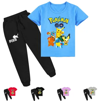 Pokemon лято Детски дрехи костюм карикатура печат сладък Пикачу детска врата с къс ръкав ризи панталони