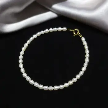 Лий Джий Бял сладководни перли гривна от натурален ориз форма мъниста около 2-3мм сребро 925 с цип за майката на момичетата подарък