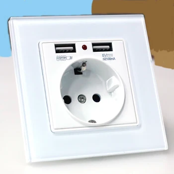 EU wall Power plug Socket with usb outlet, Glass 2A Dual USB Charger plug wall outlet, 16A 2100ma електрически стенни контакт