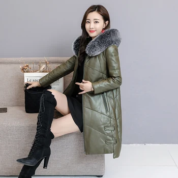 HANZANGL зимна мода овче кожени палта 2019 Нови жени дълга Лисича кожа, с капак кожена пуховик Feminino яке палто