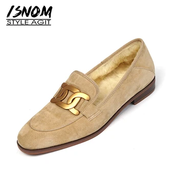 ISNOM Дамски обувки от естествена кожа върху плоска подметка лоферы от овча велур обувки на нисък ток метал Cahin декор елегантна демисезонная Ежедневни обувки
