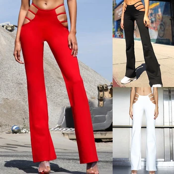 Секси Cut Out Holes Womens Pants Slim Fit Пот Skinny Solid Pants For Women Flare Hollow Out Thin Low Waist Wine Red Hot Pants