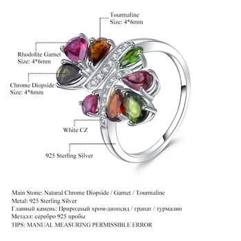 Балет GEM натурален хром диопсид родолит нар турмалин пръстен от сребро 925 годежни пръстени за жени, изискани бижута