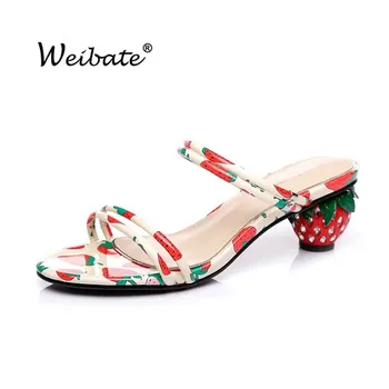 WEIBATE лято нови дамски сандали мода необичайни апликации ягоди токчета, сандали Дамски сладки кристали апликации ягоди чехли