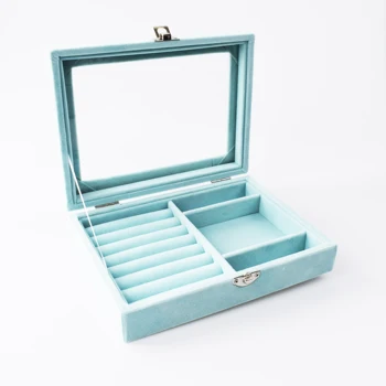 SZanbana Jewelry Tray Showcase Display Storage Earring Organizer Box Vintage Case Multi-Function Blue Velvet&Clear Капак With Lock