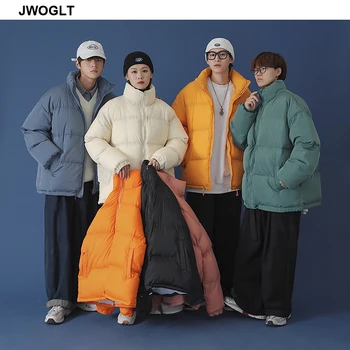 Зимно яке мъжете плътен цвят паркове светкавица мъжки щанд яка топъл дебел фугу яке мъжки корейски ежедневни яке палто