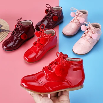 Английски стил, елегантни обувки за момичета дантела лачена кожа детски ботильоны нескользящая гумена подметка обувки за момичета EUR 21-27