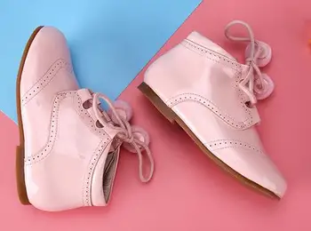 Английски стил, елегантни обувки за момичета дантела лачена кожа детски ботильоны нескользящая гумена подметка обувки за момичета EUR 21-27