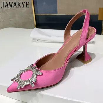 7,5 см чаша петата сандали дами плюс размер вечерни обувки кристални обувки летни дамски розов сатен сватбени сандали