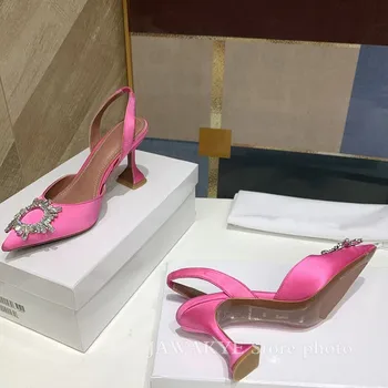 7,5 см чаша петата сандали дами плюс размер вечерни обувки кристални обувки летни дамски розов сатен сватбени сандали