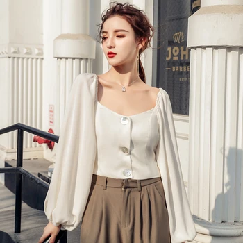 Colorfaith New 2021 пролет лято дамска блуза с буйни ръкав квадратен яка корейски стил елегантни ежедневни ризи диви върхове BL9188