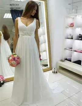 Плаж Vestido De Noiva 2020 евтини сватбени рокли дълбоко V-образно деколте шифон мъниста Boho Дубай от арабски сватбена рокля Сватба