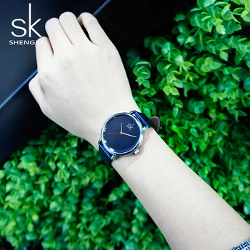 Shengke Brand Women Fashion Watches синя кожена каишка за часовник дамски Кварцов часовник relogio feminino дамски часовници SK
