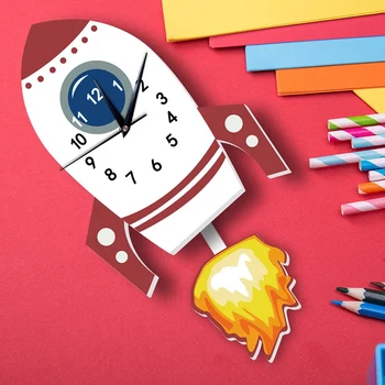 Карикатура ракета лесен стенен часовник стикер за стена за детска стая, детска градина декорация на дома етикети махалото часовници