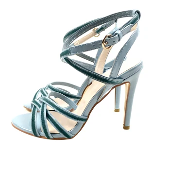 Дамски летни сандали на висок ток с отворени пръсти и джапанки на щиколотке с катарама светло сини обувки на висок ток Ladaies Party Evening Dress Shoes