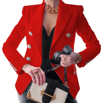 Мода блейзър яке дамски назъбена яка с дълъг ръкав метални Lions копчета двубортный блейзър тънък твърд външен слой